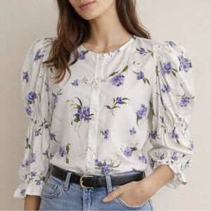 Les Reveries Elizabeth Shirt Size M Puff Sleeves Crewneck Floral Fairy Romantic